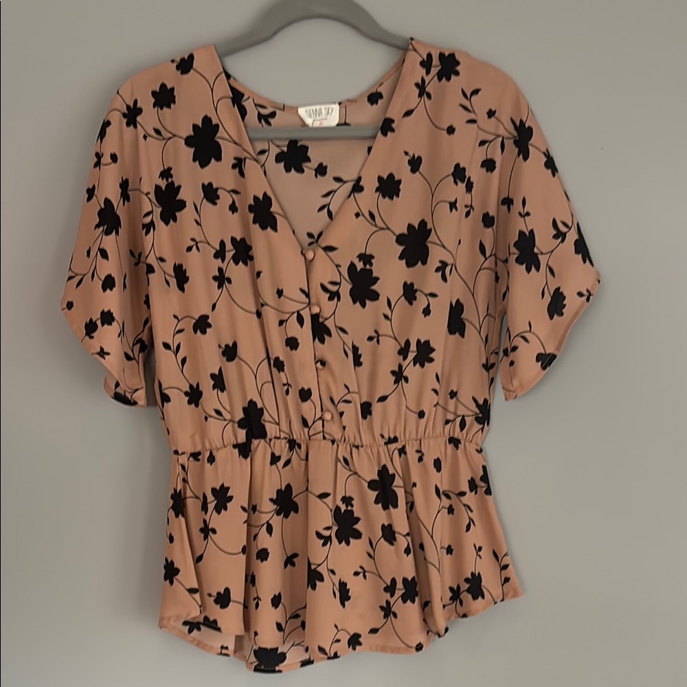 Sienna Sky Smocked Peplum Blouse with Flutter Sleeves in Orange and Pink